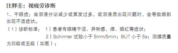 注釋6：視疲勞診斷。1、干眼癥：當淚液分泌減少或蒸發過多，或淚液質出現問題時，會導致眼部出現不適應癥。